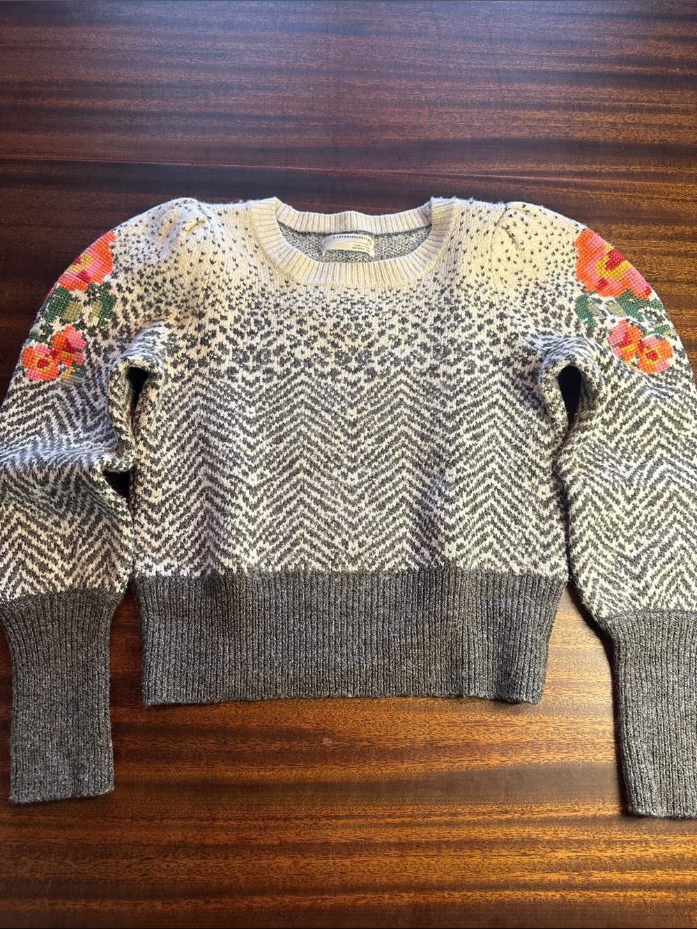 Anthropologie Gray & Cream Crewneck Crop Sweater with Floral Embroidery
